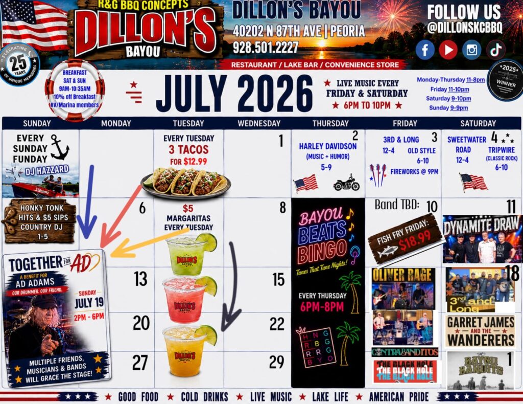 Dillon's Bayou July 2026 calendar