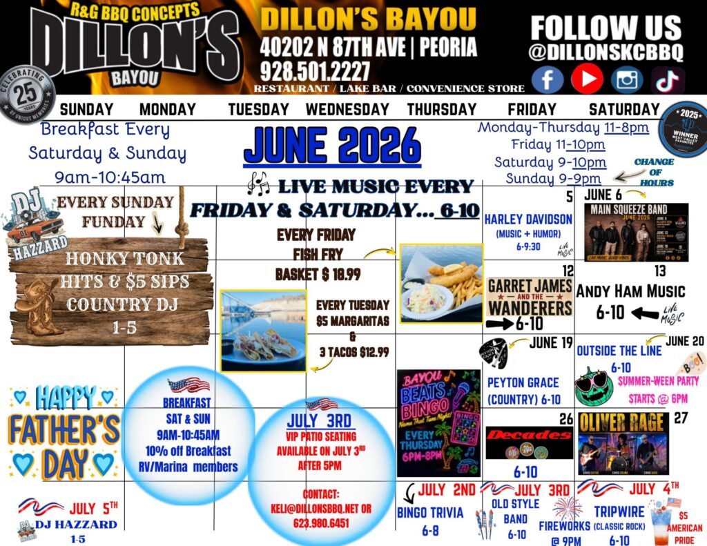 June 2026 Dillon's Bayou Calendar